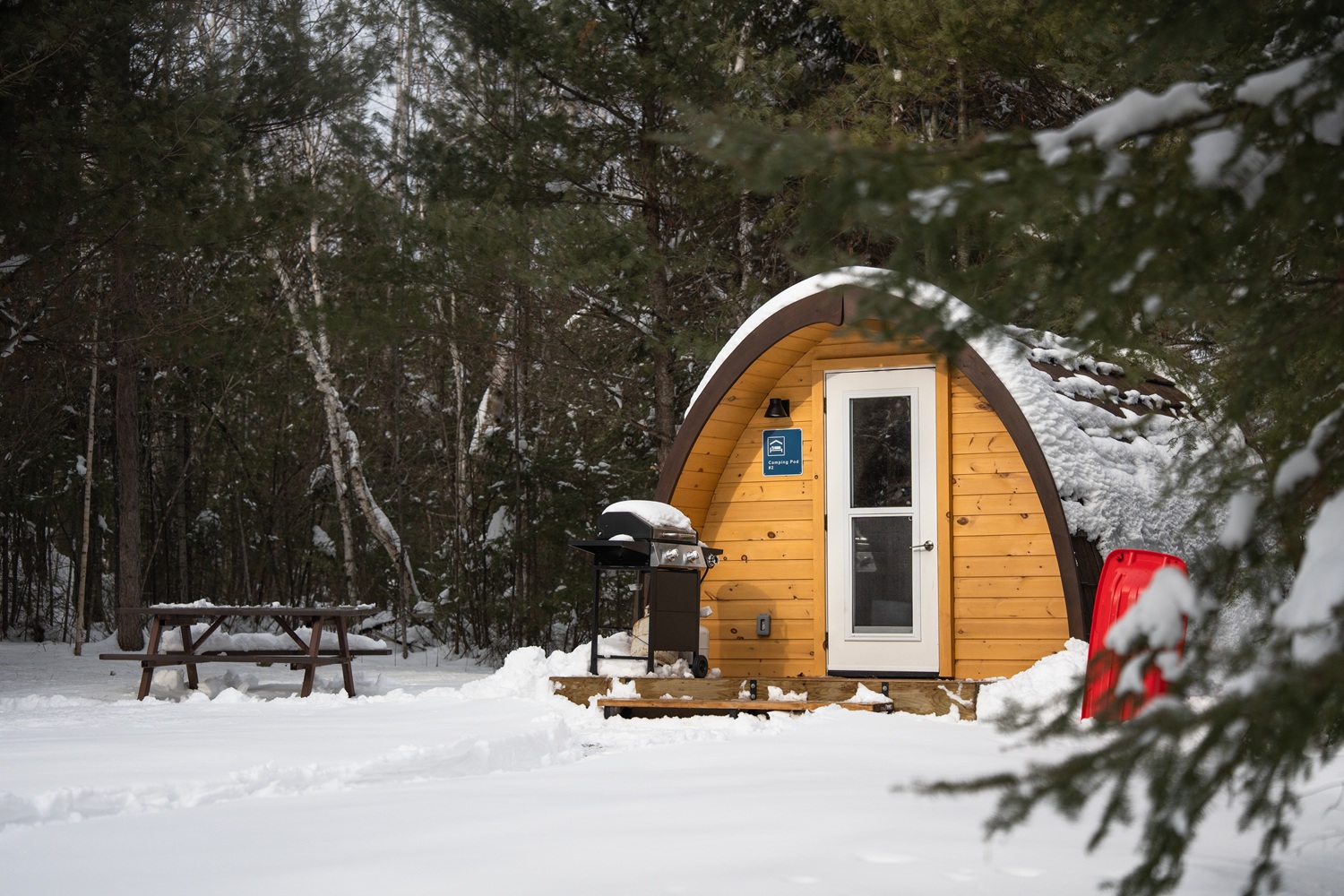 camping pod with round roof in snowy forest