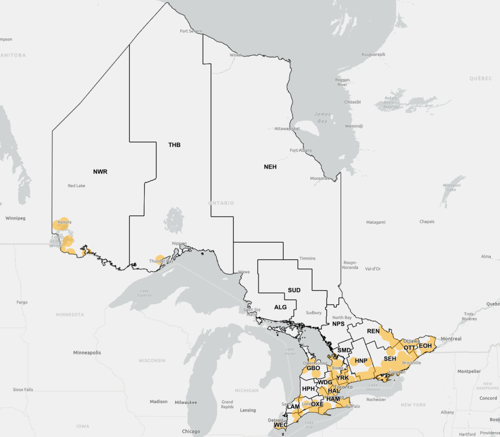map featuring spots where Black-legged ticks are found in Ontario