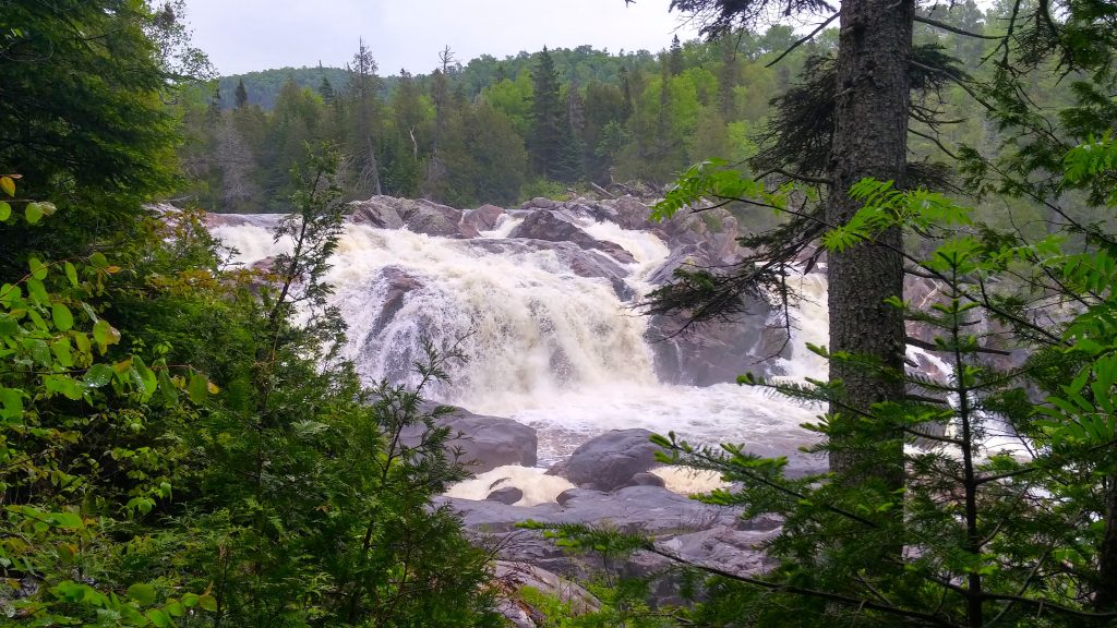 Rocky rapids through a break in trees