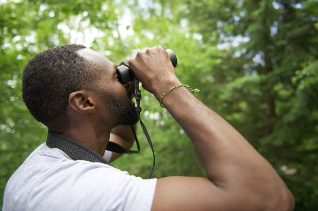 Person looking through binoculars in forest
