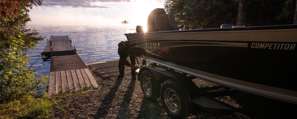 boat being launched into lake