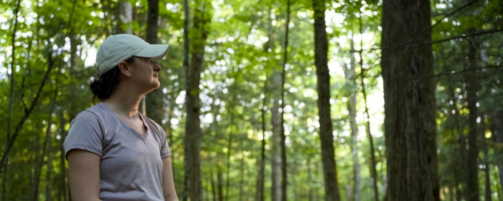 woman sitting in forest, looking at trees
