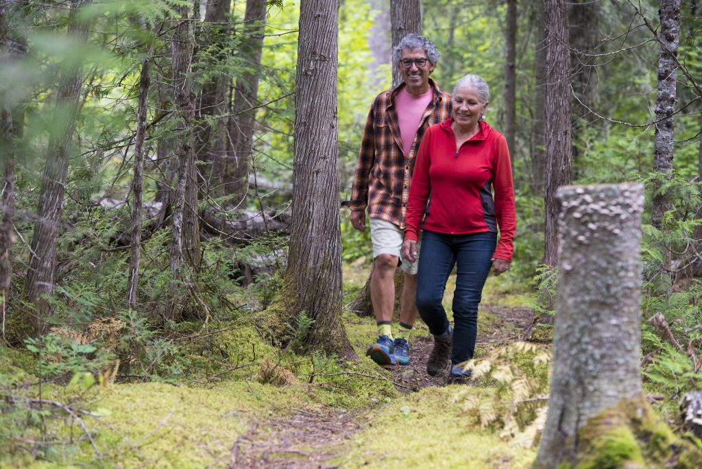 couple hiking through forest