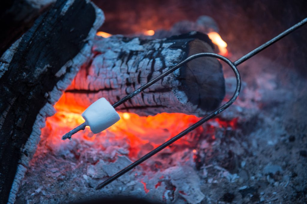 Closeup of marshmallow being roasted over fire coals.