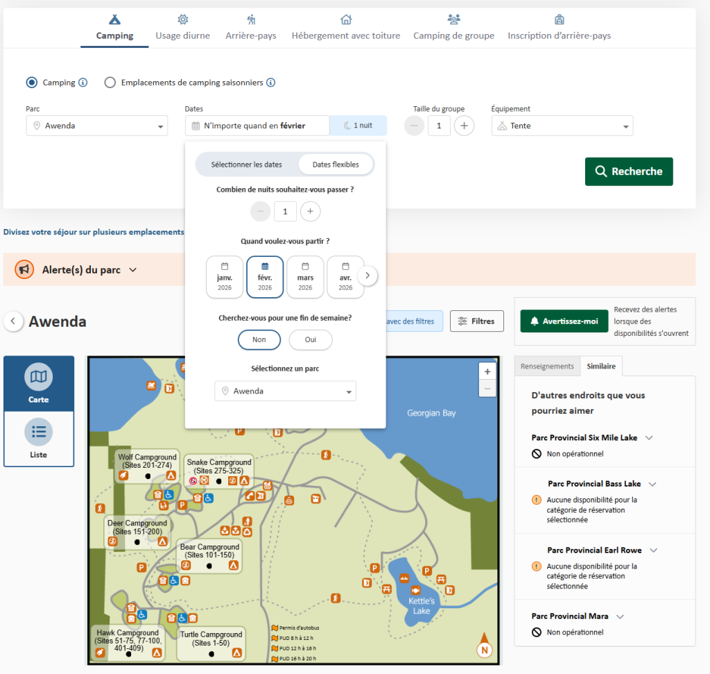 Capture d’écran montrant le menu « Dates flexibles » qui s’affiche dans le champ « Dates » de la page Web de réservation