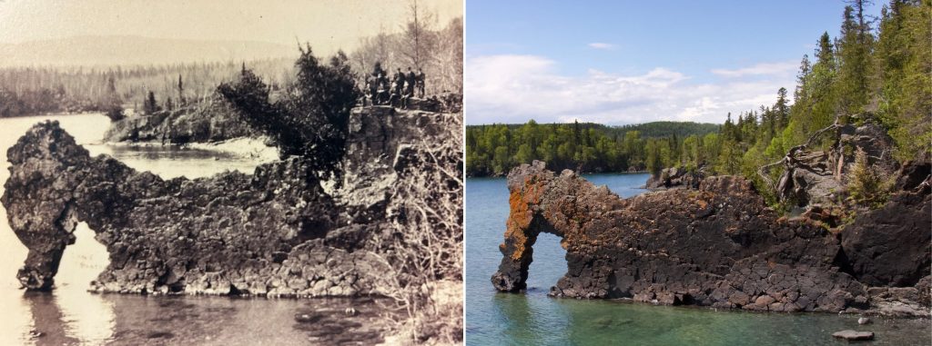 Left: old photo of geological feature in lake, right: modern photo of geological feature in lake 