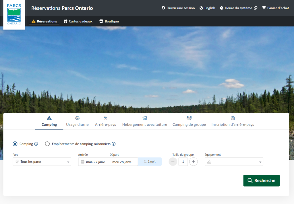 Capture d’écran de la page Web de réservation de Parcs Ontario