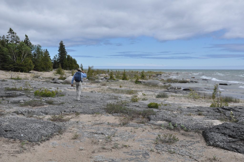 person walking along rocky and sandy beach