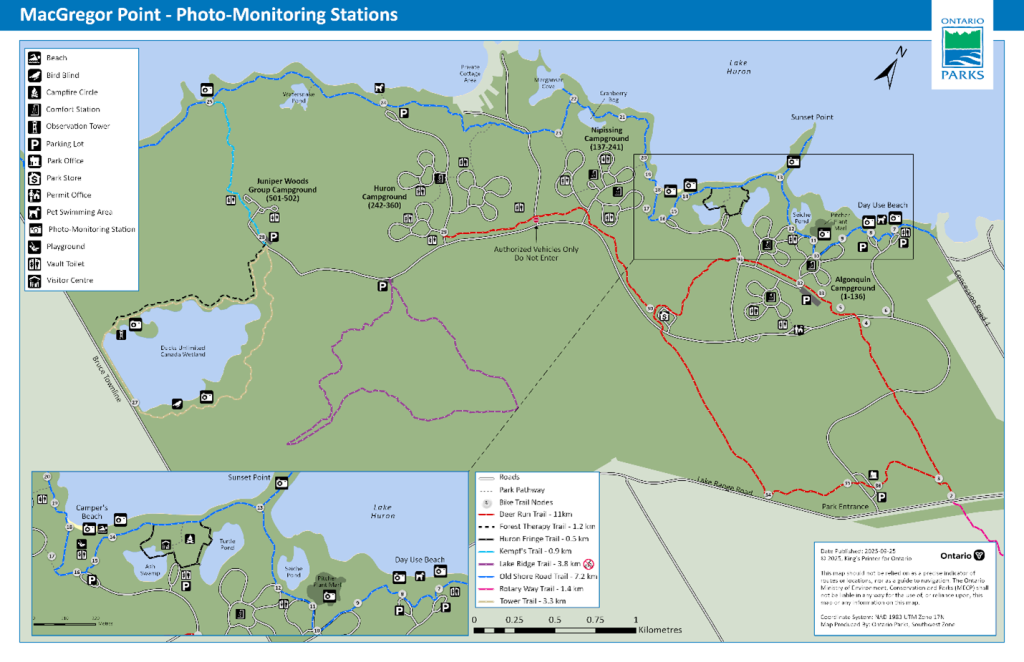 map of photo monitoring locations throughout MacGregor Point Provincial Park