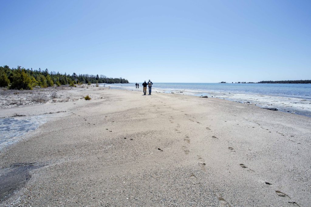 group walking on beach trail