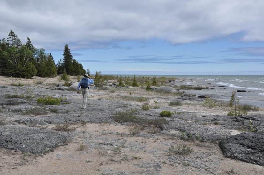 Une personne marchant le long d’une plage rocheuse et sablonneuse. 