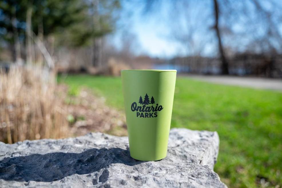 Une tasse en silicone posée sur une surface rocheuse. 