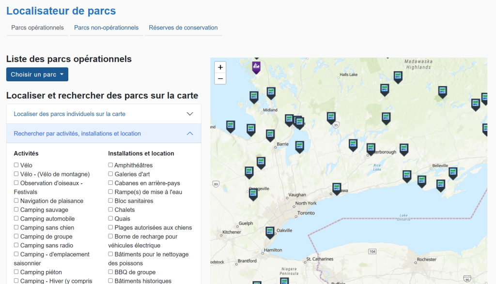 une capture d’écran de l’outil de localisation de parcs, affichant la carte et les options de recherche