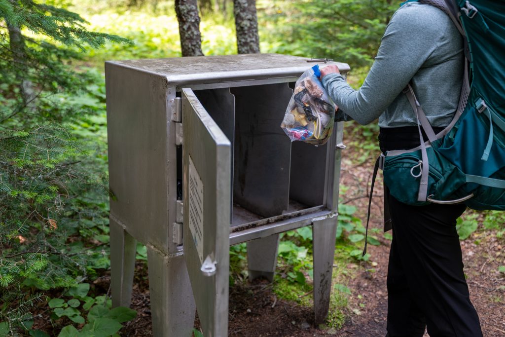 person putting bag of garbage into bear bin