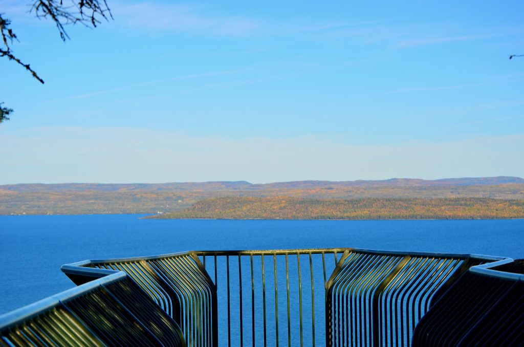 lookout to lake and shoreline with fall colours