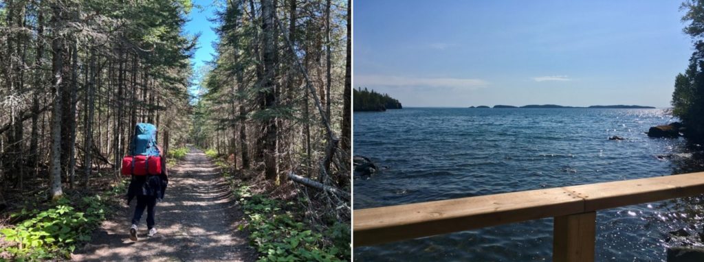 person with backpack walking on trail, view of lake from boardwalk