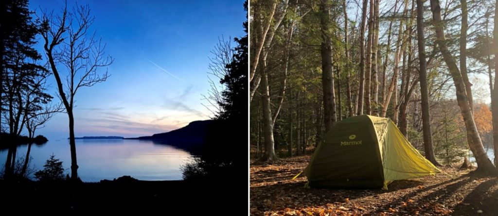 collage of twilight over lake, tent on campsite