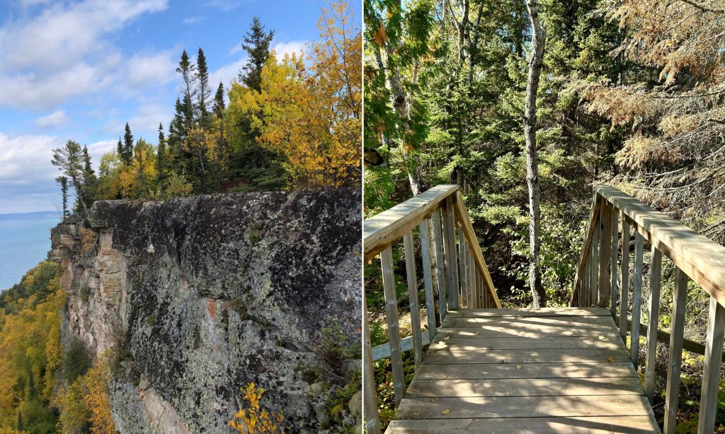 collage of cliffside with trees and boardwalk through forest with stairs