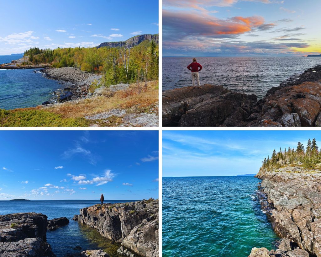 collage of shoreline, person looking out at lake, person standing at rocky shore looking out at lake, rocky shore and blue-green lake