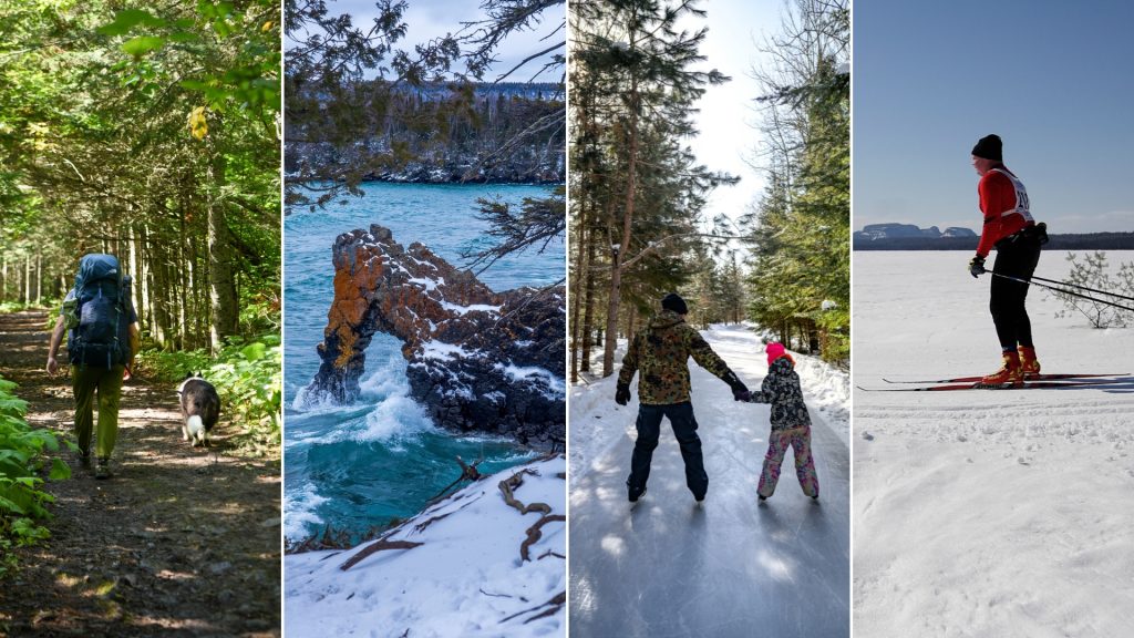 collage of hiker wearing backpack hiking with dog, geological formation in winter, parent and child holding hands on ice trail, person cross-country skiing with geological formation seen in background