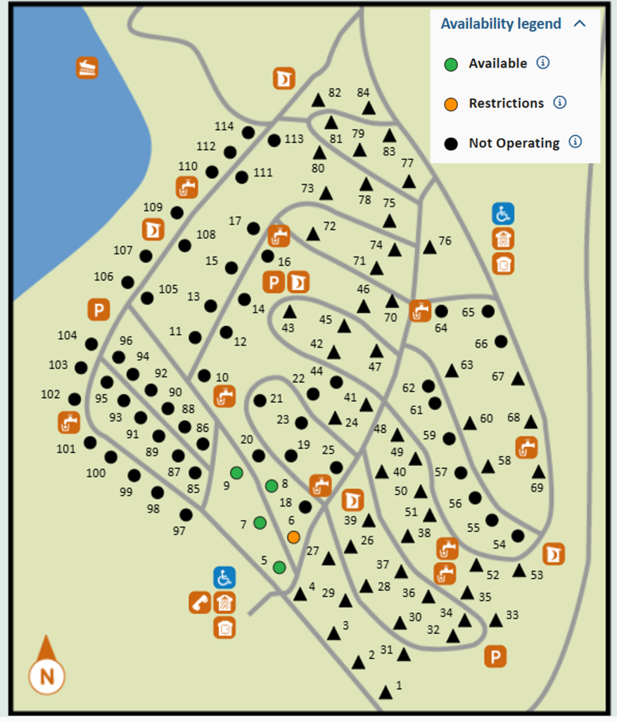 map of campground with available campsites